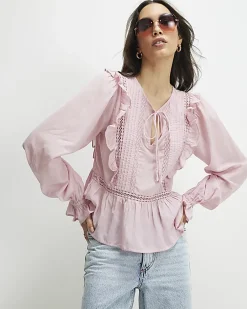 Pink Long Sleeve Lace Insert Blouse