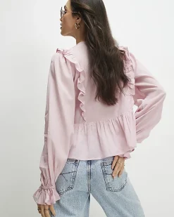 Pink Long Sleeve Lace Insert Blouse