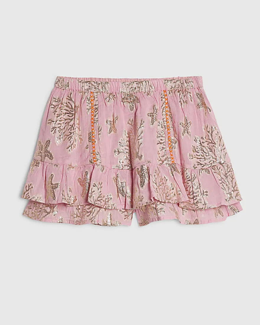 Pink Metallic Coral Print Mini Skirt