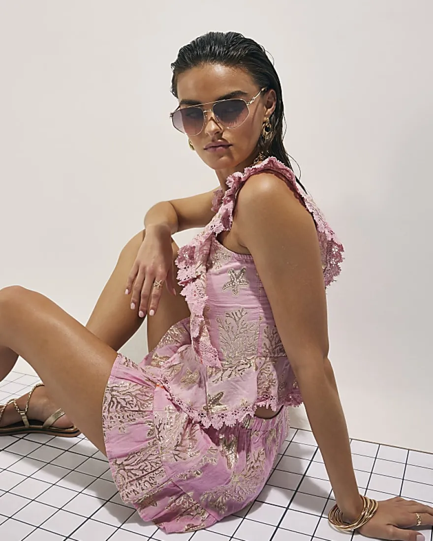 Pink Metallic Coral Print Mini Skirt