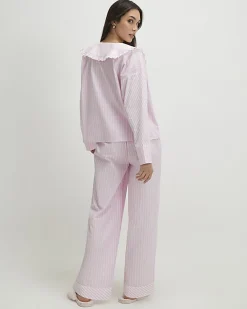 Pink Oversized Collar Striped Pyjama Set