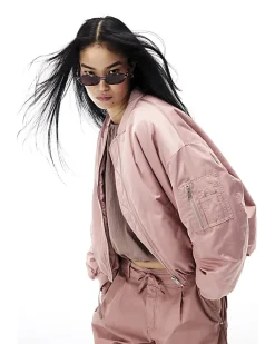 Pink Oversized Ruched Hem Bomber Jacket