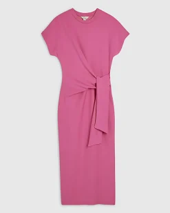 Pink Premium Short Sleeve Tie Side Midi Dress