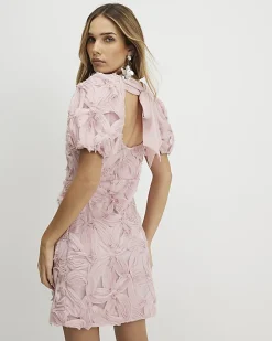 Pink Puff Sleeve 3D Floral Mini Dress