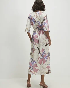Pink Satin Floral Twist Front Midi Dress