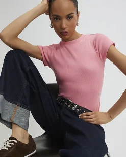 Pink Short Sleeve Fitted Ribbed Top