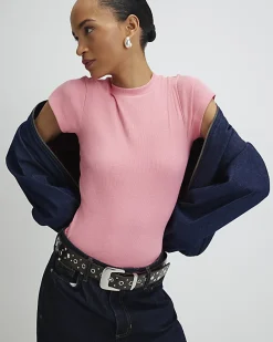 Pink Short Sleeve Fitted Ribbed Top