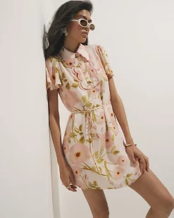 Pink Short Sleeve Scallop Floral Shirt Dress