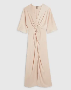 Pink Short Sleeve Twist Front Midi Dress