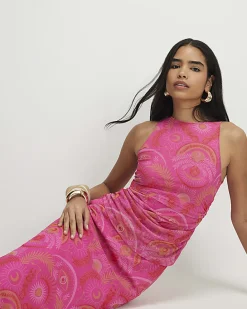 Pink Sleeveless Drape Midi Dress