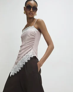 Pink Sleeveless Lace Trim Cami Top