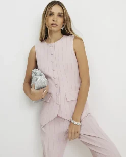 Pink Sleeveless Striped Longline Waistcoat