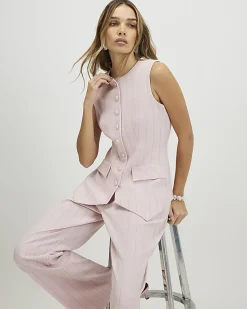 Pink Sleeveless Striped Longline Waistcoat