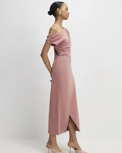 Pink Stretch Draped Midi Dress