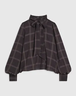 Purple Check Print Pussybow Blouse