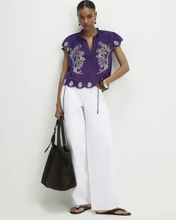 Purple Cotton Broderie Tie Neck Blouse