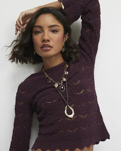 Purple Crochet Knit Boat Neck Jumper