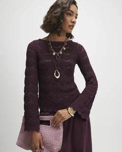 Purple Crochet Knit Boat Neck Jumper