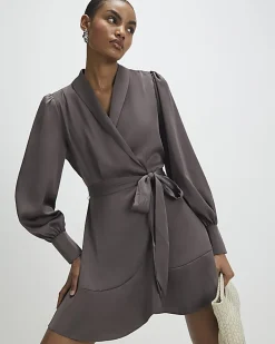 Purple Satin Wrap Front Mini Dress