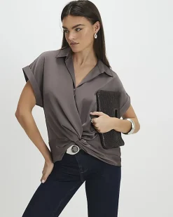 Purple Short Sleeve Wrap Front Blouse