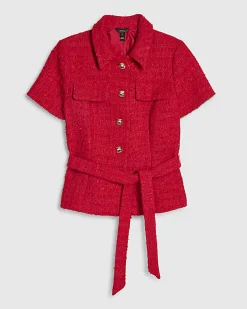 Red Boucle Collared Belted Top