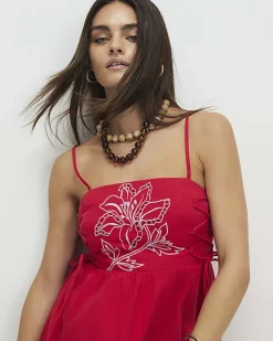 Red Cotton Broderie Tie Side Midi Dress