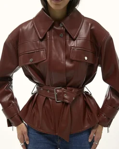 Red Faux Leather Belted Jacket