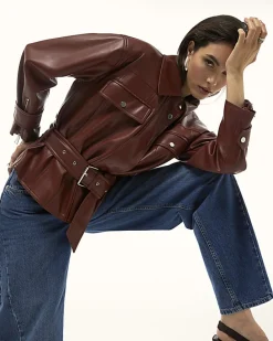 Red Faux Leather Belted Jacket