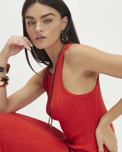 Red Knitted Racer Neck Ribbed Midi Dress