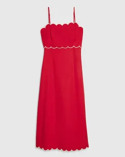 Red Linen Blend Scallop Trim Midi Dress