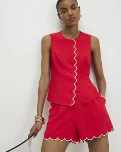 Red Linen Blend Scallop Trim Shorts