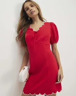 Red Linen Blend Scallop V Neck Dress