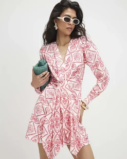 Red Long Sleeve Twist Front Mini Dress