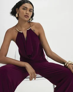 Red Metal Trim Cowl Neck Jumpsuit