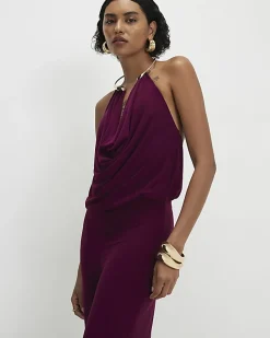 Red Metal Trim Cowl Neck Jumpsuit