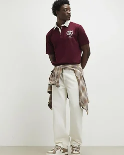 Red Oversized Fit Embroidered Rugby Shirt