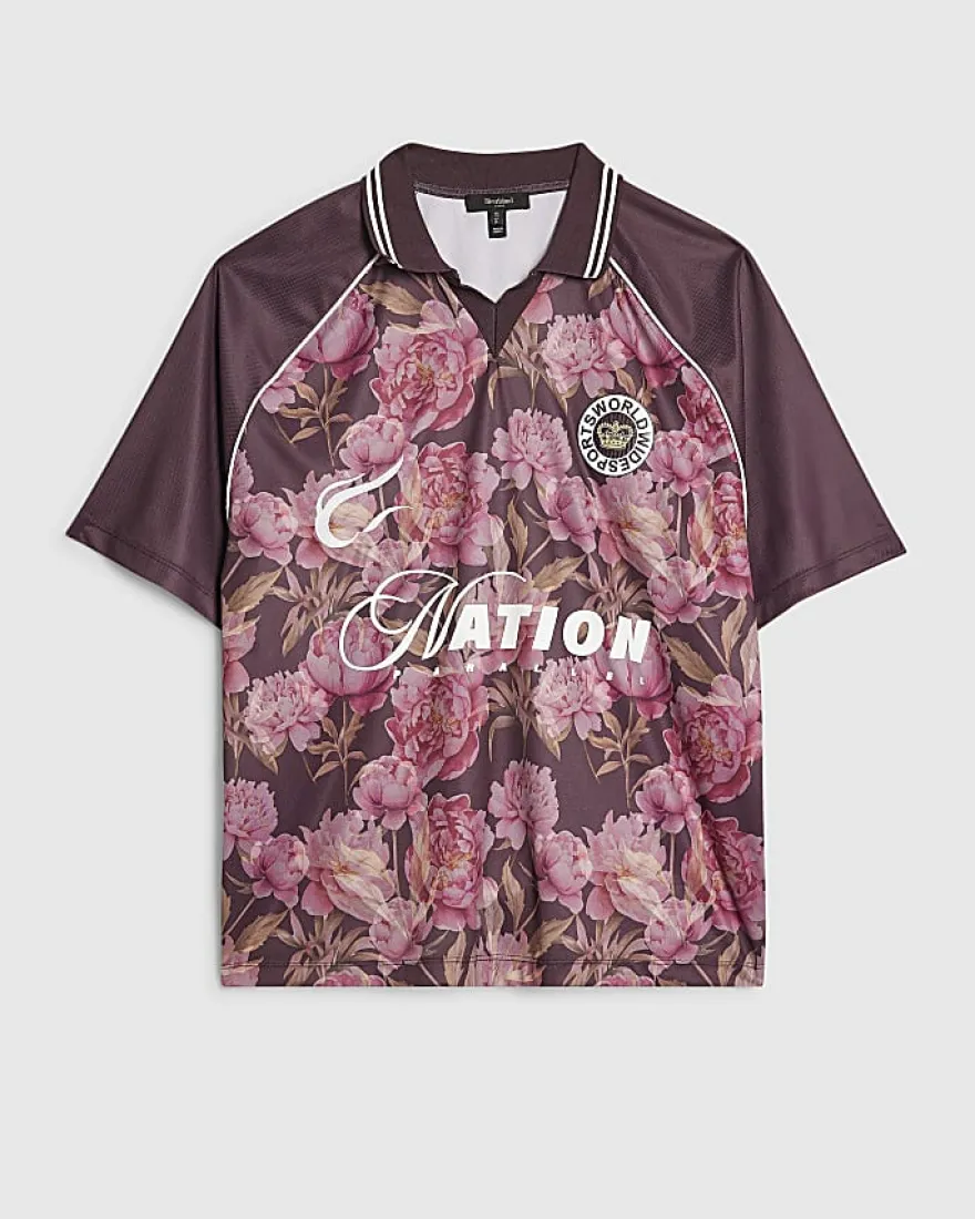 Red Oversized Fit Floral Mesh Rugby Shirt