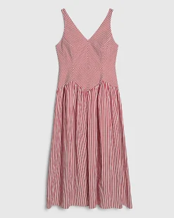 Red Petite V Neck Stripe Midi Dress