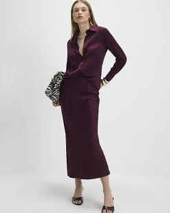 Red Satin Midi Skirt