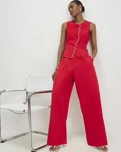 Red Scallop Trim Wide Leg Trousers