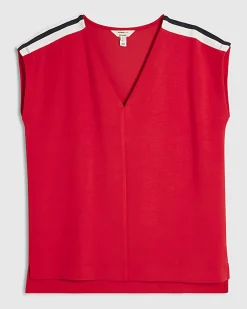 Red Short Sleeve Tape Detail V Neck Top
