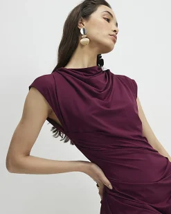 Red Sleeveless Ruched Midi Dress