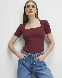 Red Square Neck Fitted Top