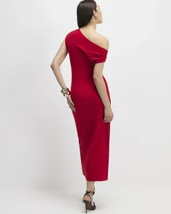 Red Stretch Draped Midi Dress