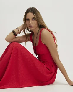 Red Textured Midi Dress