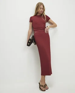 Red Textured Midi Skirt