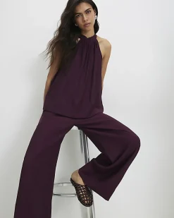 Red Textured Wide Leg Trousers