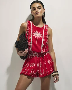 Red Tropical Print Embroidered Playsuit