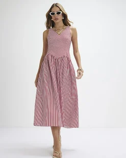 Red V Neck Stripe Midi Dress