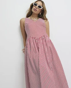 Red V Neck Stripe Midi Dress